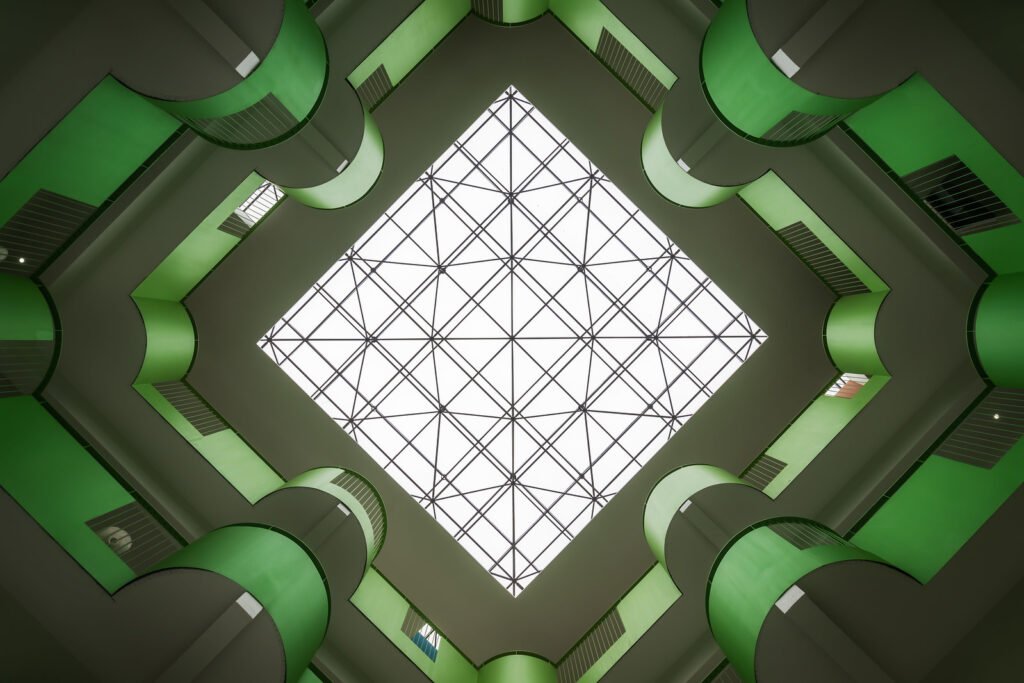 Modern building green atrium directly below view