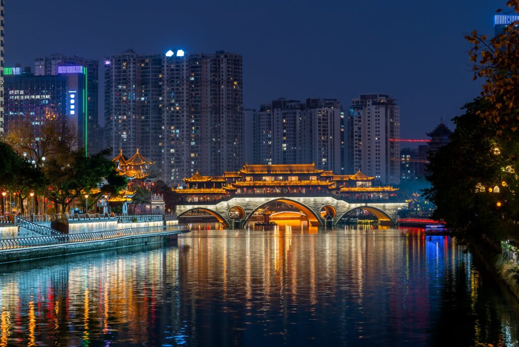 Chengdu Anshun bridge and Jinjiang river at night