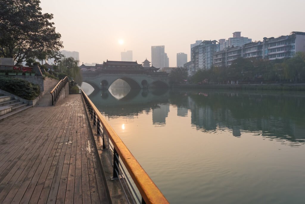Chengdu Anshun bridge at sunrise in the fog