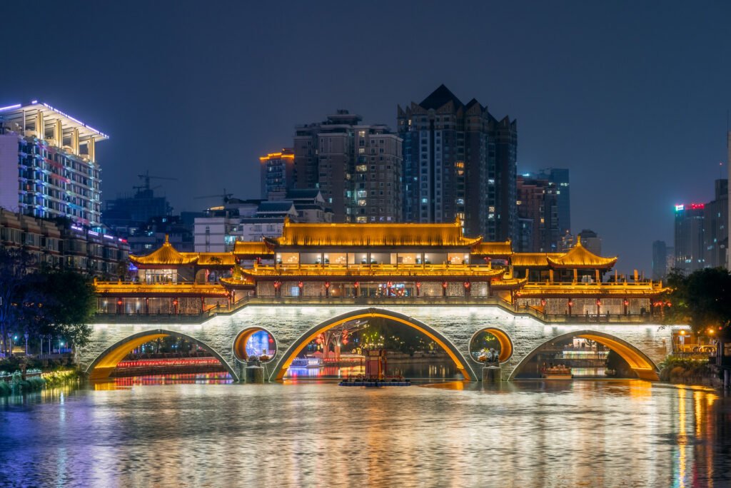 Chengdu Anshun bridge and Jinjiang river at night