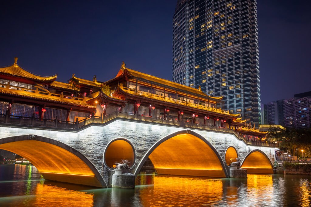 Chengdu Anshun bridge and Jinjiang river at night