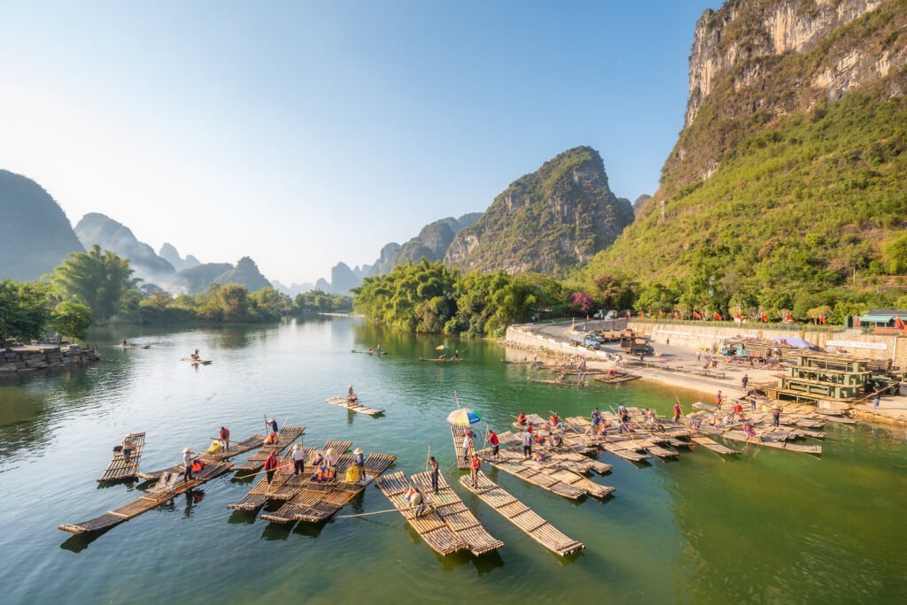 Tourist bamboo rafts in Yangshuo Guilin