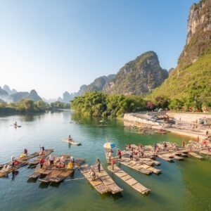 Tourist bamboo rafts in Yangshuo Guilin