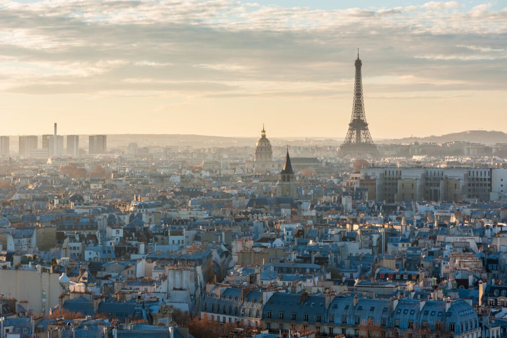 Paris skyline with eiffel tower at sunset
