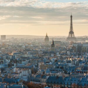 Paris skyline with eiffel tower at sunset