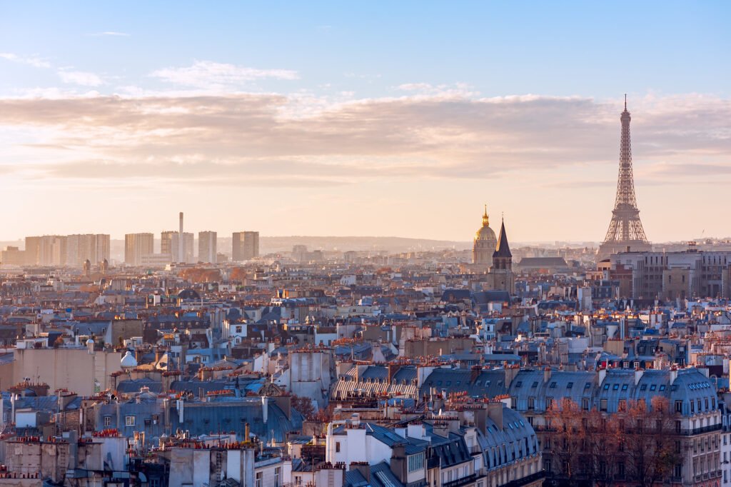 Paris skyline with eiffel tower at sunset