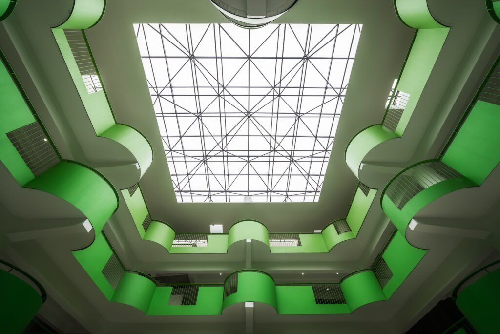 Modern building green atrium directly below view #2