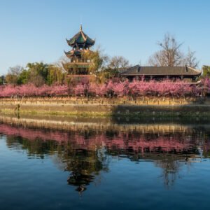 WangJiangLou pagoda with trees in bloom by the JinJiang river panorama in Chengdu