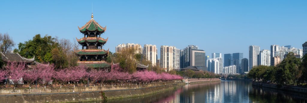 WangJiangLou pavilion with trees in bloom in Chengdu