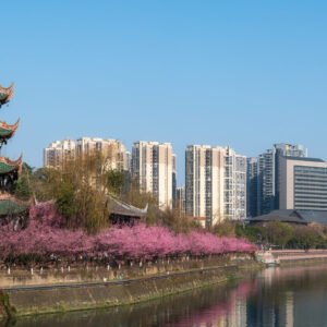 WangJiangLou pavilion with trees in bloom in Chengdu