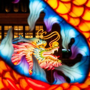 Dragon lanterns illuminated at night with red Chinese lanterns