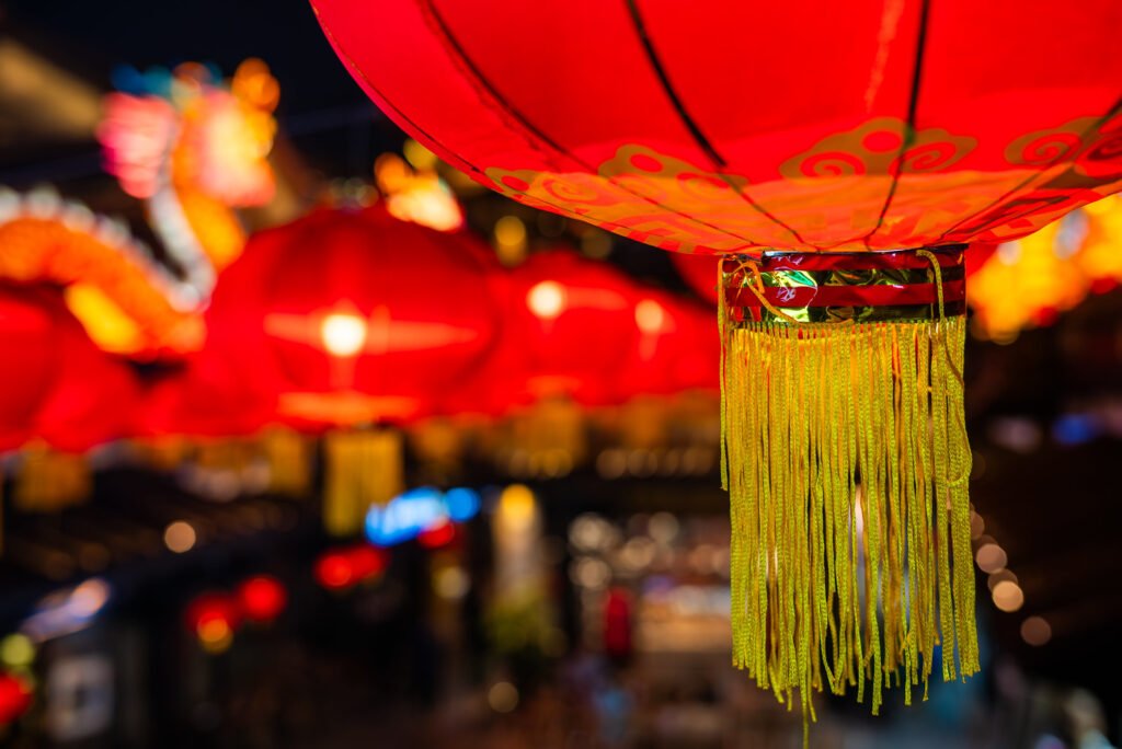 Red chinese lanterns illuminated at night