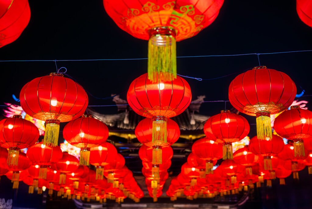 Red Chinese lanterns low angle view at night