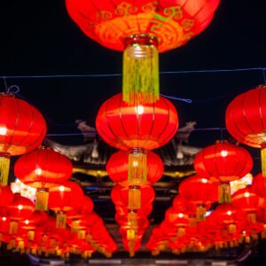 Red Chinese lanterns low angle view at night