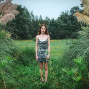 Portrait of a young woman standing in a field of tall grass