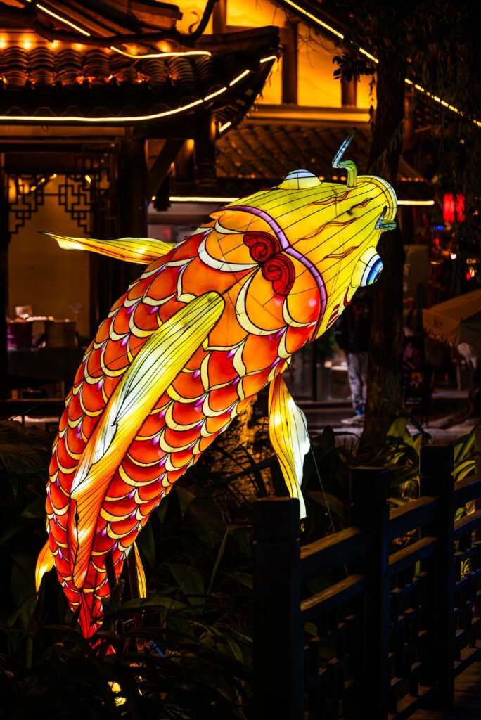 Fish lantern illuminated at night