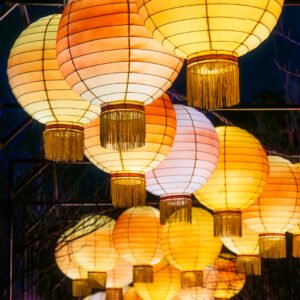 Yellow Chinese lanterns illuminated at night