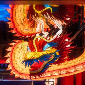 Dragon lanterns illuminated at night in Jinli ancient street