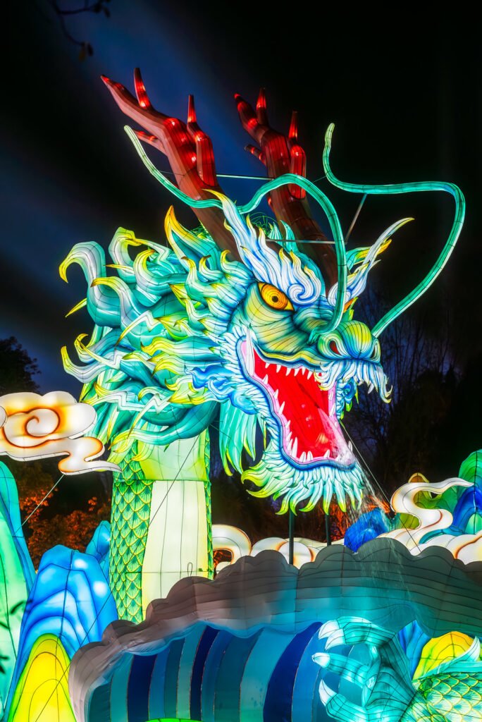 Dragon lanterns illuminated at night in Jinli ancient street