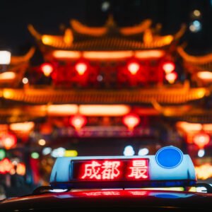 Qintalilu Chinese traditional gate illuminated at night with a taxi in the foreground