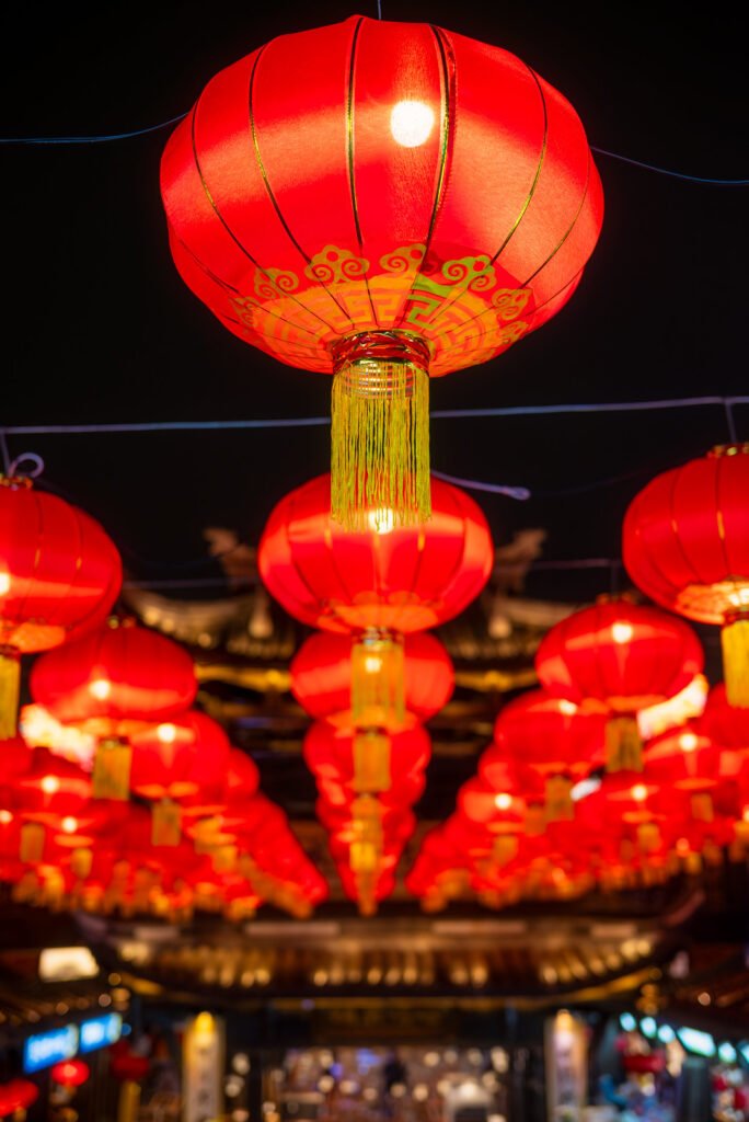 Red Chinese lanterns low angle view at night