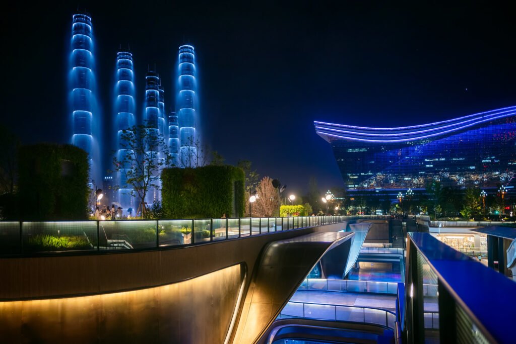 SKP modern commercial mall architecture at night in Chengdu
