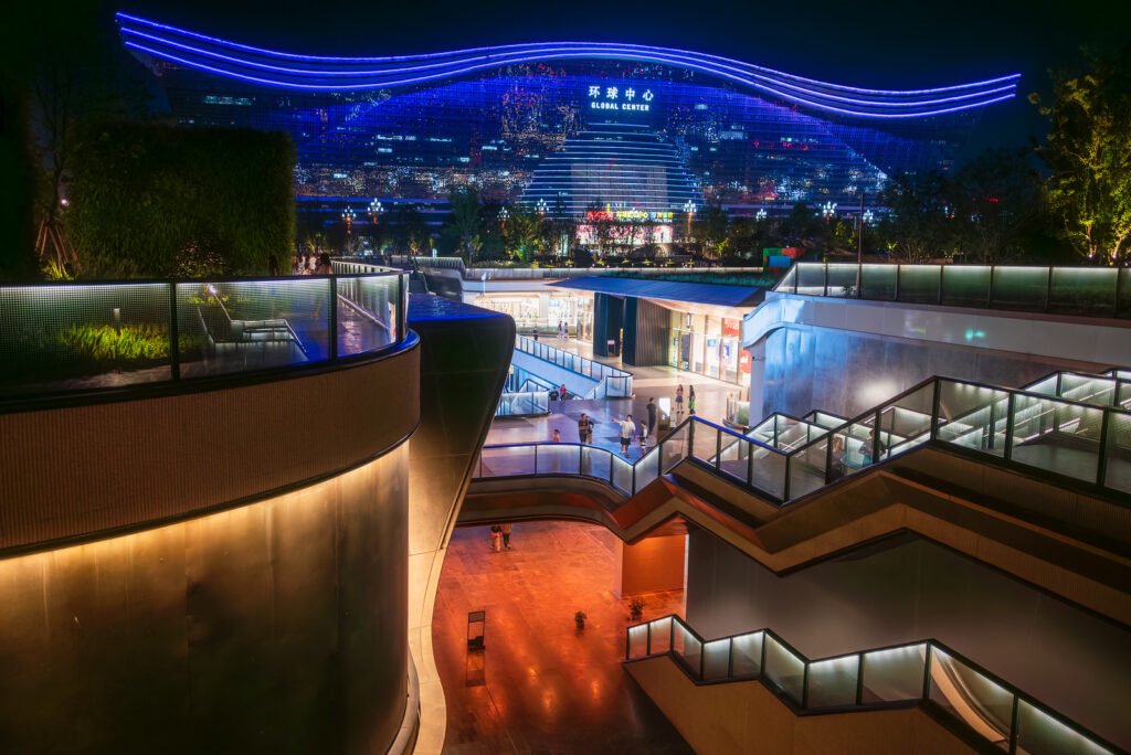 SKP modern commercial mall architecture at night in Chengdu