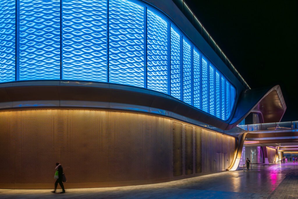 SKP modern commercial mall architecture at night in Chengdu