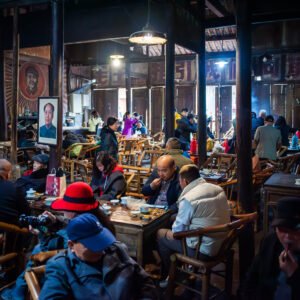 People sitting in a traditional Chinese tea house.