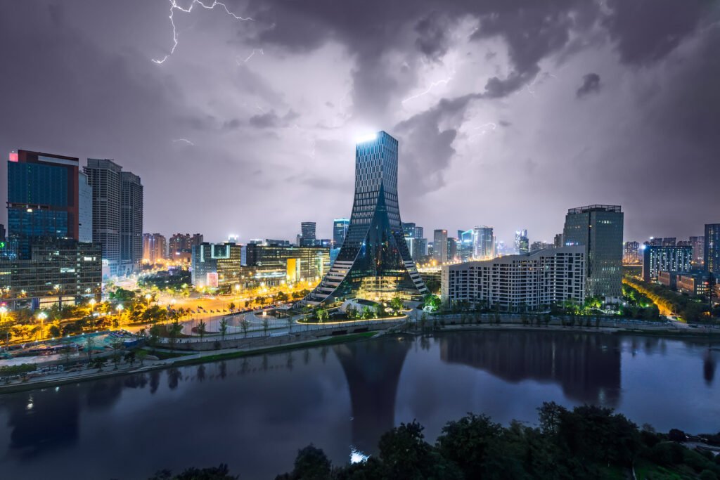Chengdu skyline at night with a thunderstorm