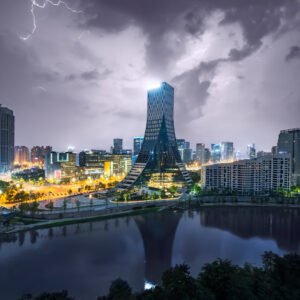 Chengdu skyline at night with a thunderstorm