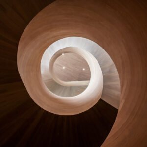 Spiral wooden staircase low angle view