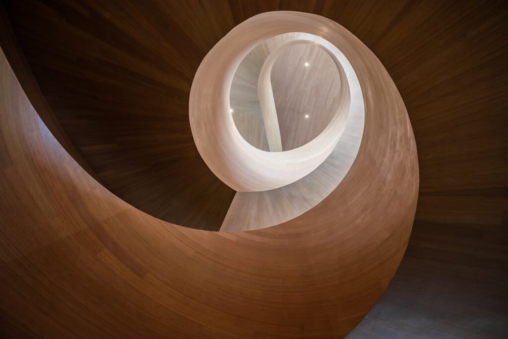 Spiral wooden staircase low angle view