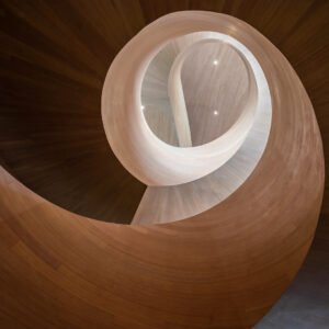 Spiral wooden staircase low angle view