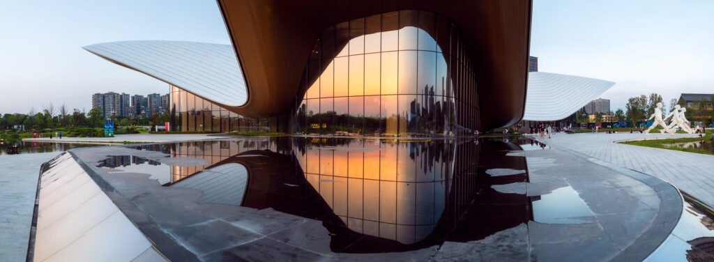 Chengdu Tianfu Art Museum facade close-up view at sunset panorama