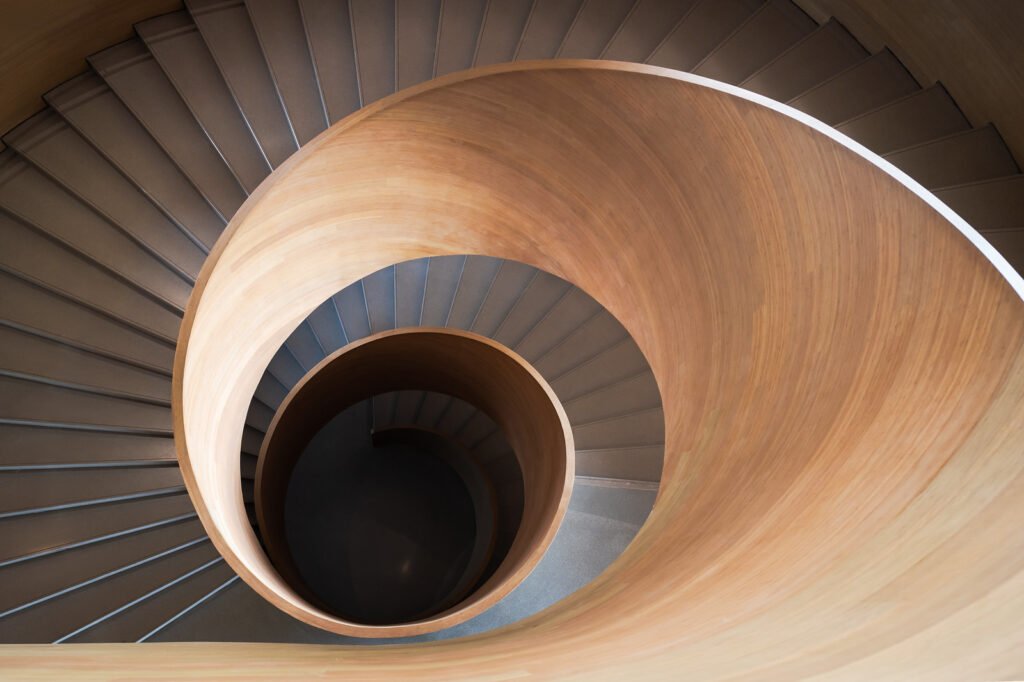 Spiral wood staircase high angle view