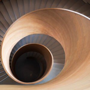 Spiral wood staircase high angle view