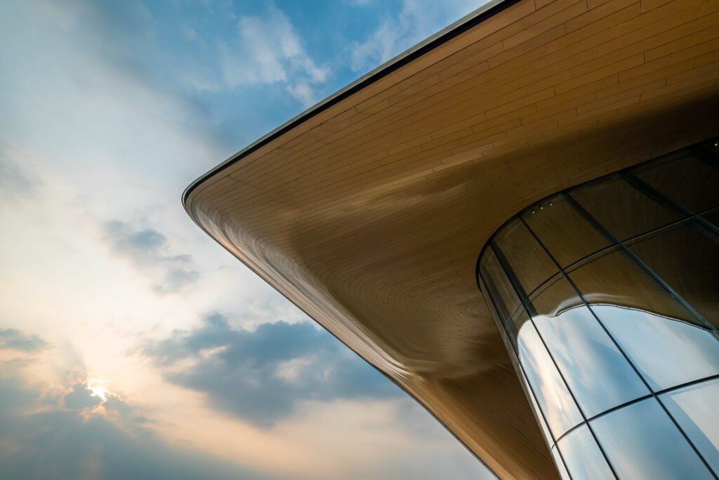 Chengdu Tianfu art museum roof architecture detail against sky at dusk