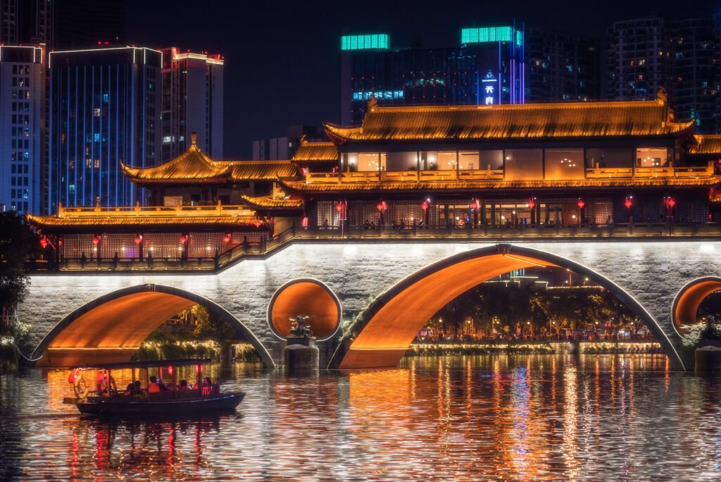 Anshun bridge and chinese boat in Chengdu