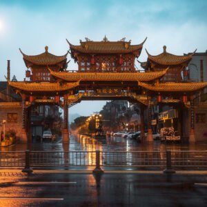 QinTailLu traditional Chinese gate under the rain at dusk in Chengdu