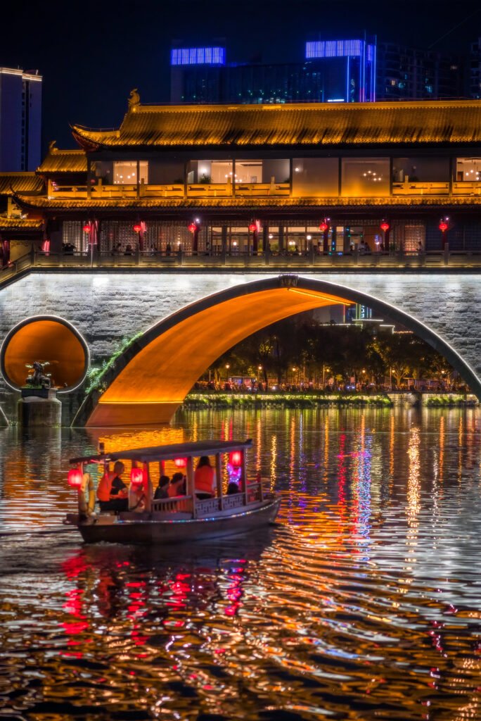 Anshun bridge and chinese boat in Chengdu