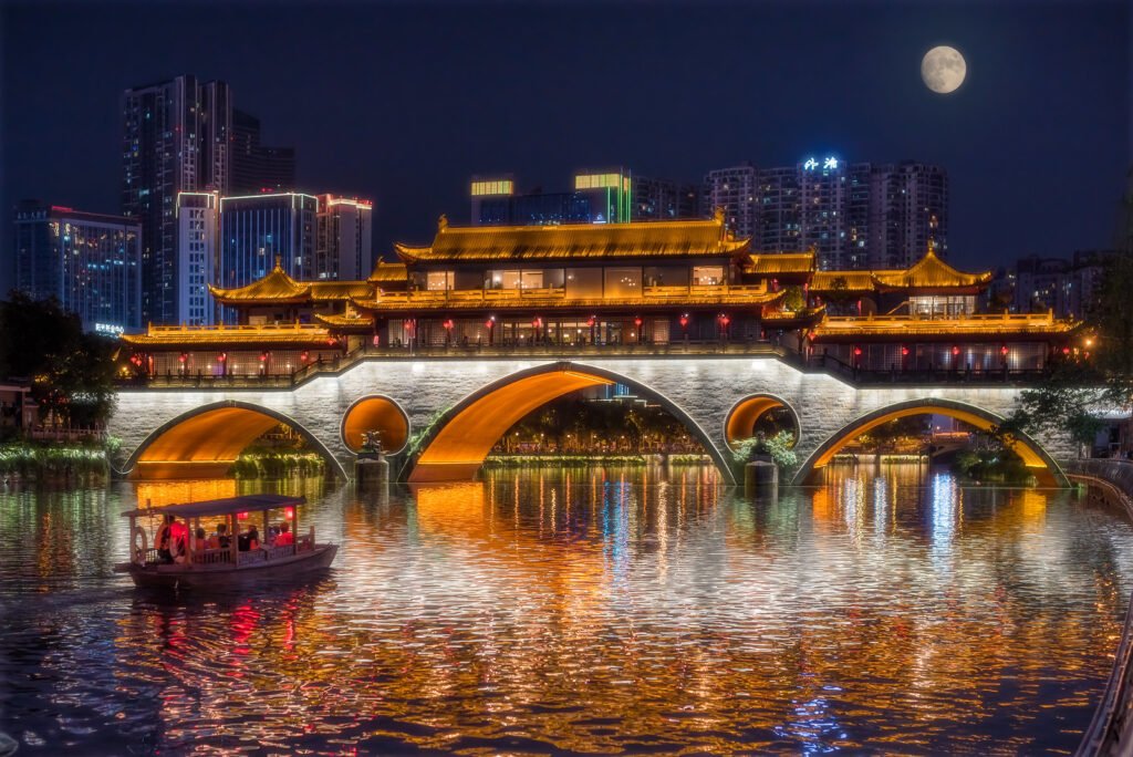 Anshun bridge and chinese boat in Chengdu