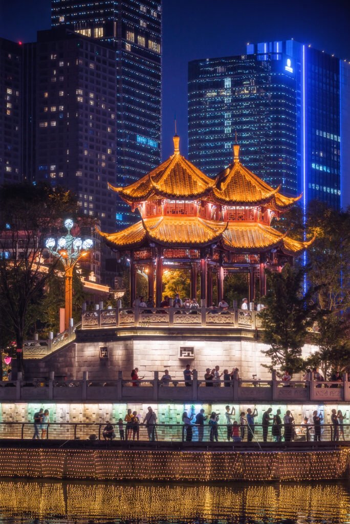 Hejiang pagoda illuminated at night in Chengdu