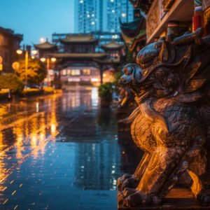 Dragon son bronze statue under the rain at dusk