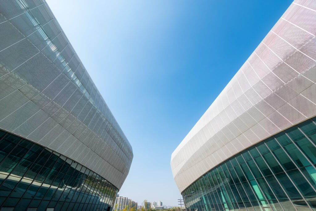 Futuristic architecture of modern buildings with glass and metal