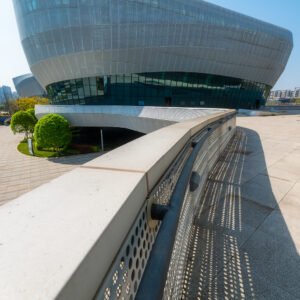 Futuristic architecture of modern building with glass and metal