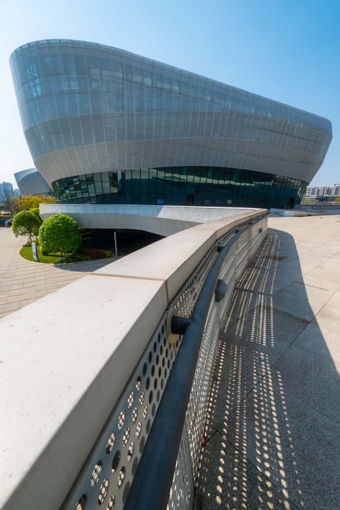 Futuristic architecture of modern building with glass and metal
