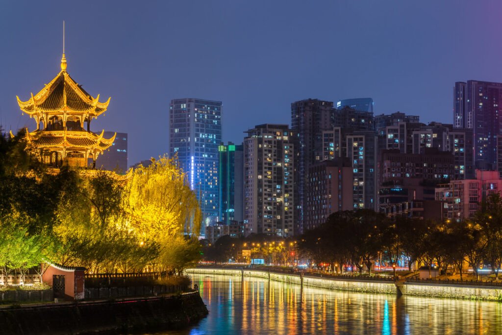 Chengdu city skyline at night with WangJiangLou pagoda