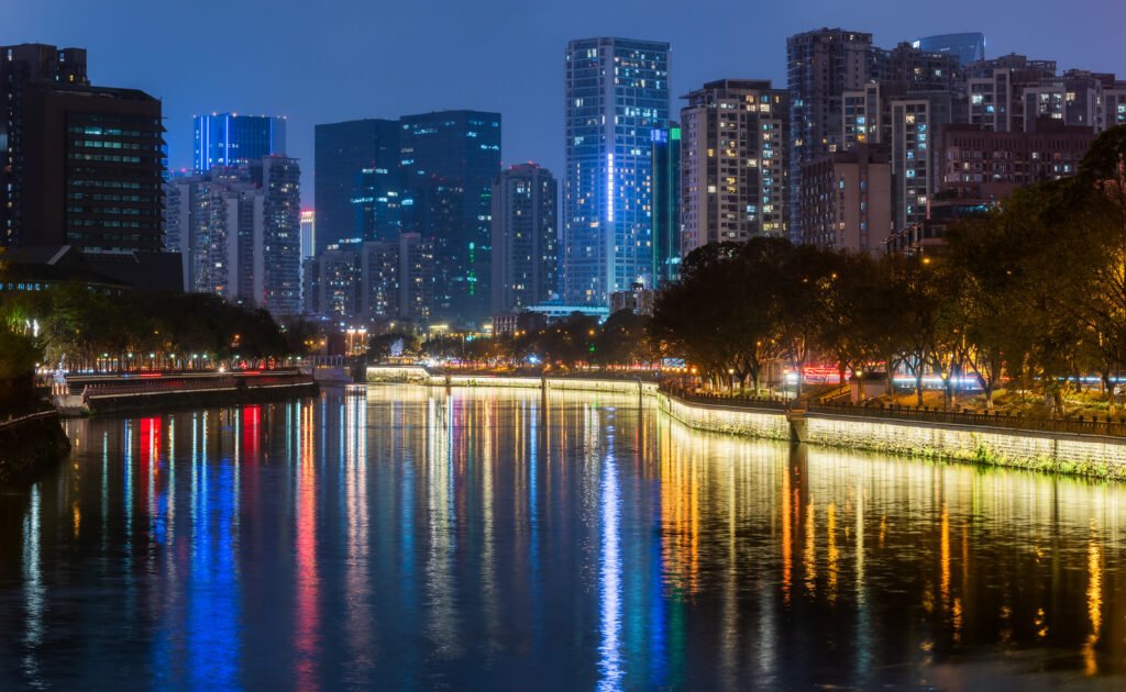 Chengdu skyline at night from Jinjiang river banks