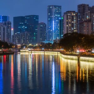 Chengdu skyline at night from Jinjiang river banks